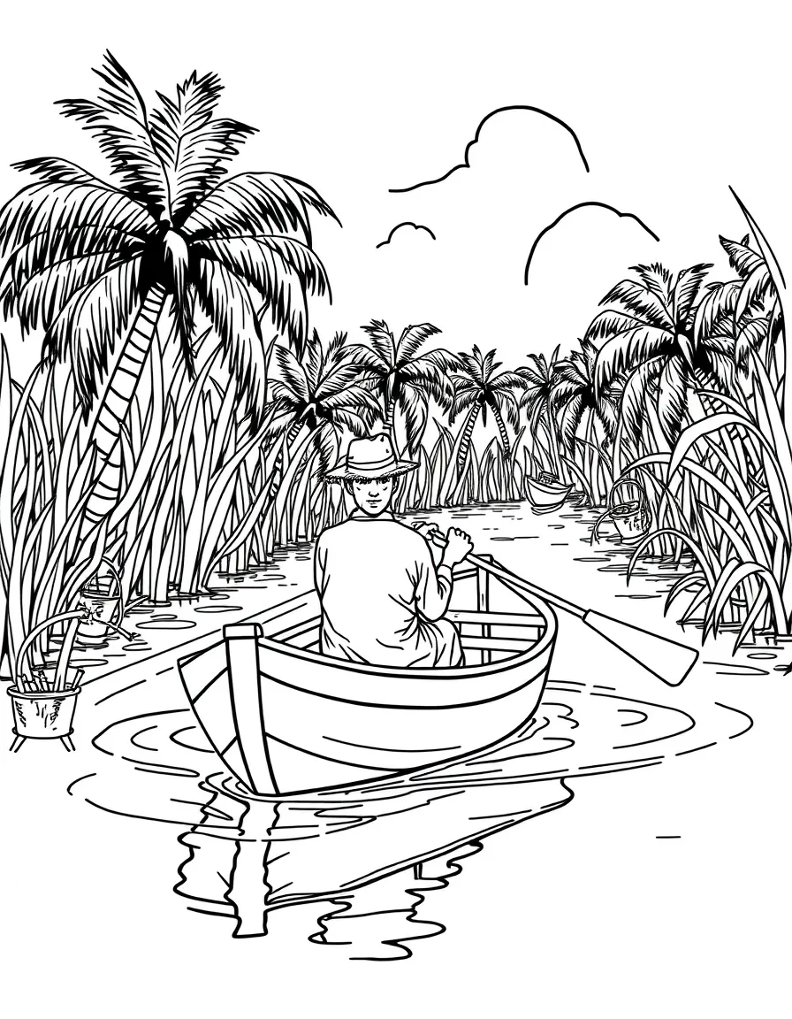 (Louisiana) A fisherman in a pirogue (small boat) in the bayou