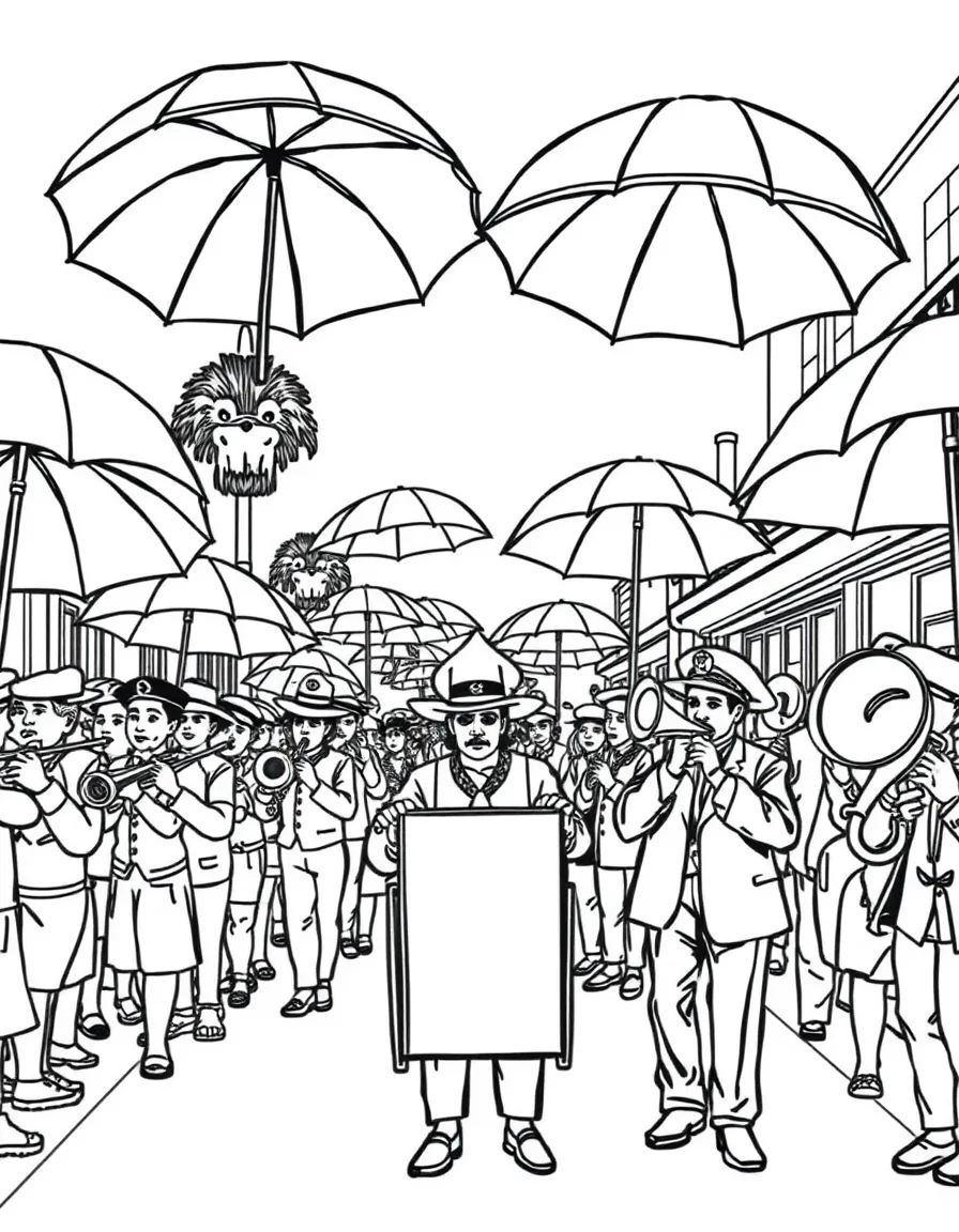 (Louisiana) A second line parade with umbrellas and brass band