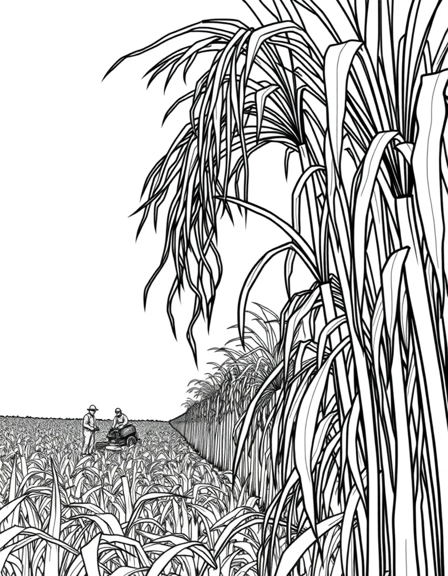 (Louisiana) A sugarcane field with workers harvesting