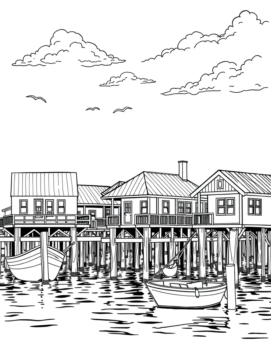 (Louisiana) A Louisiana fishing village with houses on stilts