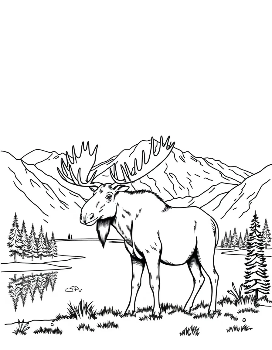 (Wyoming) A moose standing by a mountain lake