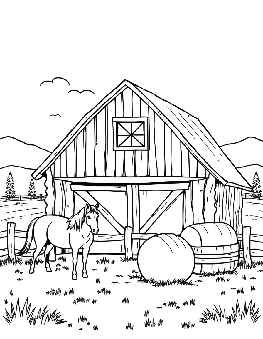 (Wyoming) A barn with hay bales and horses