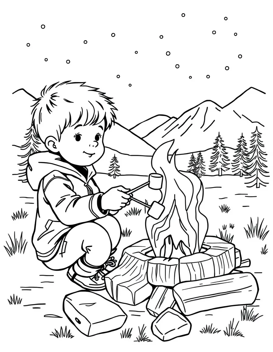 (Wyoming) A child roasting marshmallows at a Wyoming campsite