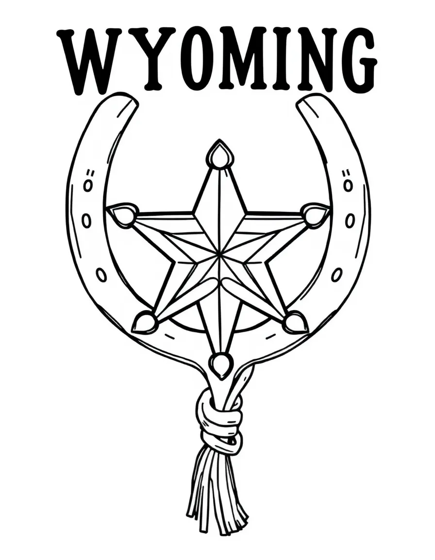 (Wyoming) A horseshoe and sheriff star coloring page