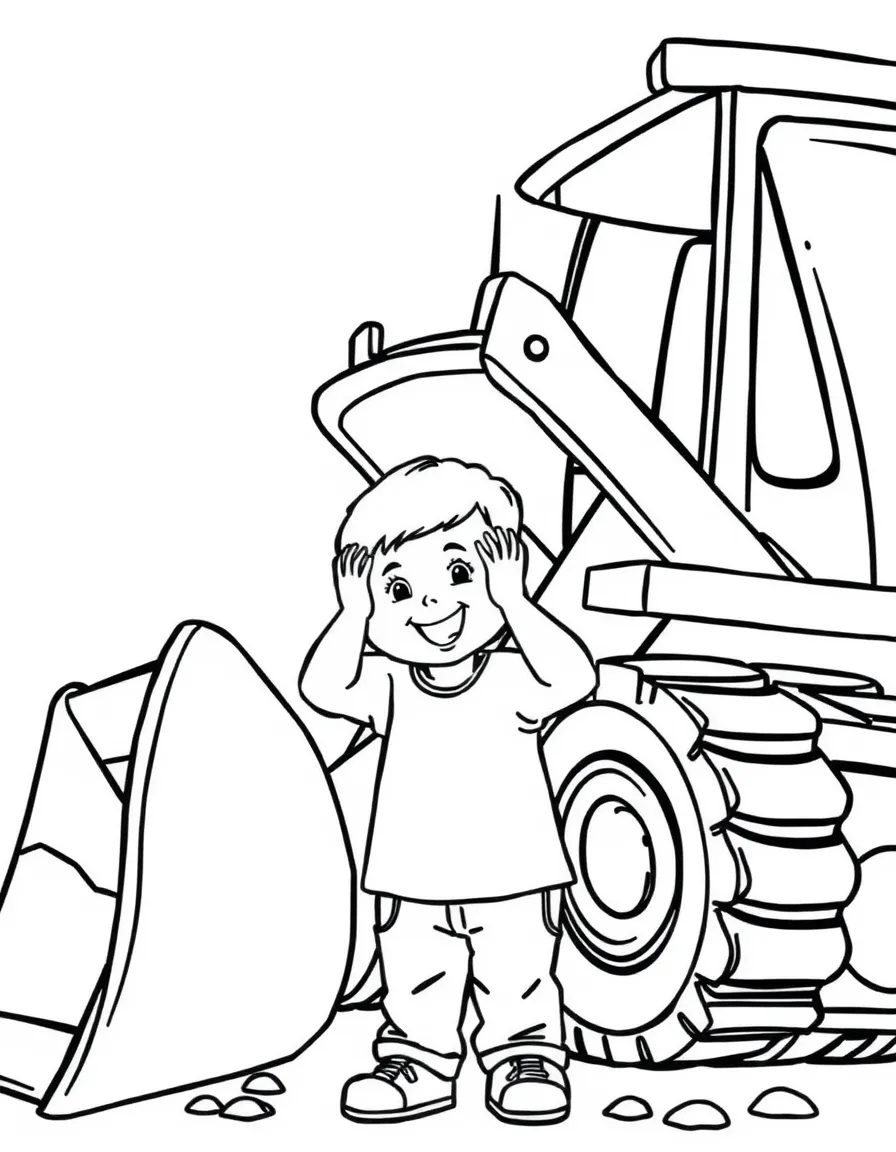 (noise) A happy child covering their ears while standing next to a loud construction bulldozer with simple geometric shapes and bold outlines