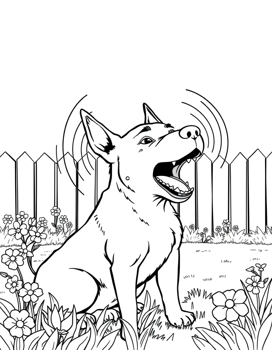 (noise) A barking dog in a backyard with sound waves drawn as curved lines radiating from its mouth, surrounded by flowers and a fence