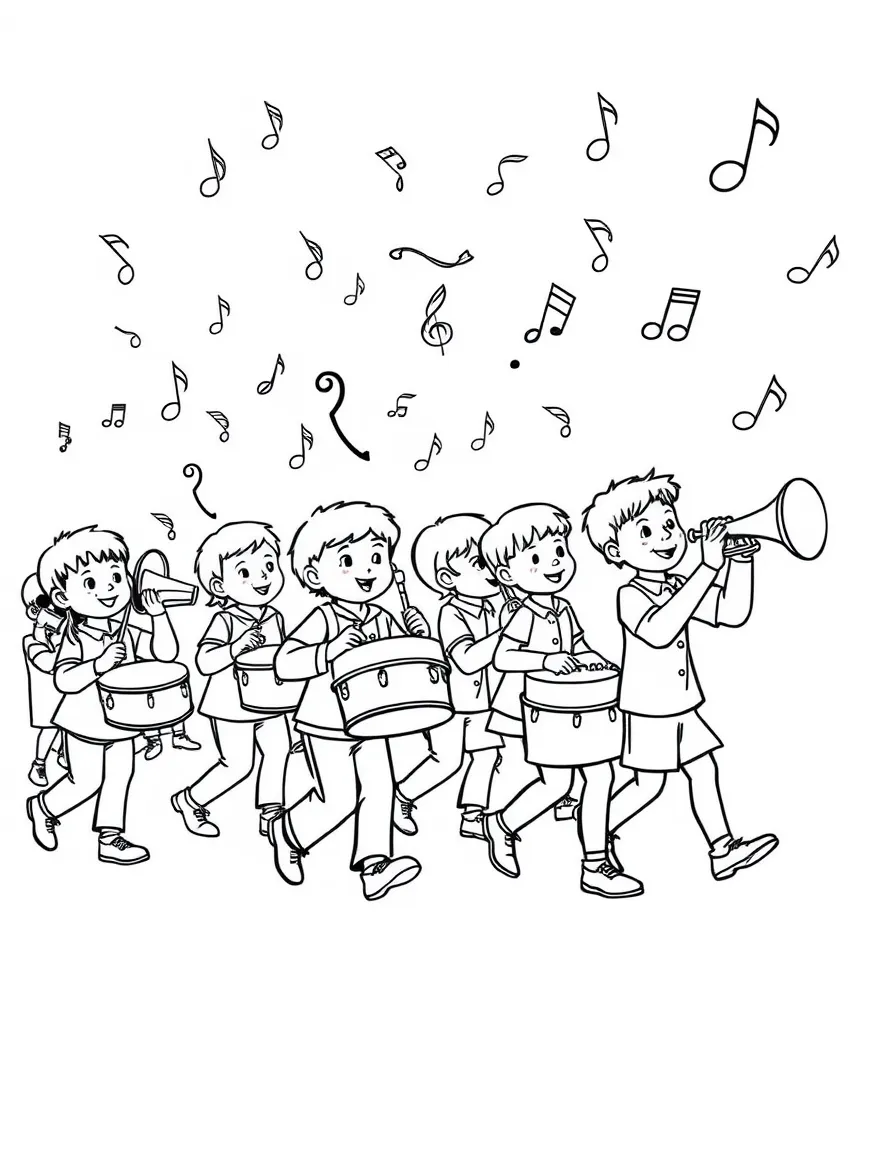 (noise) A marching band with children playing drums, trumpets, and cymbals in a parade formation with musical notes floating in the air