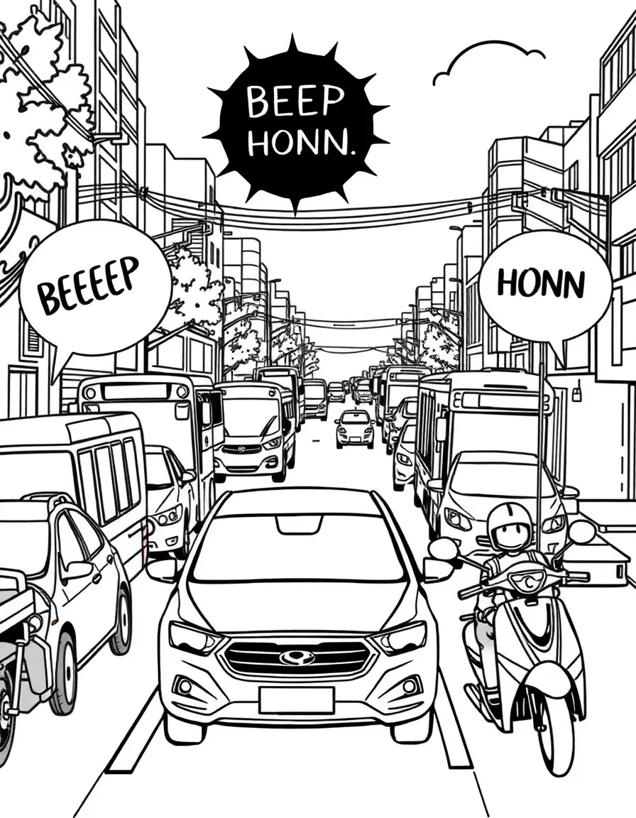 (noise) A busy city street scene showing cars, buses, and motorcycles with simple sound effect words like "BEEP" and "HONK" in speech bubbles