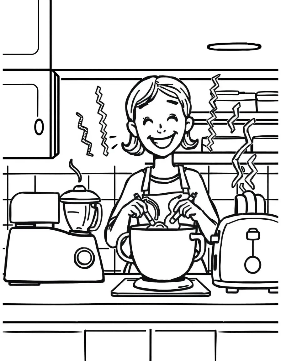 (noise) A kitchen scene with a blender, mixer, and toaster all making noise while a smiling parent cooks, with zigzag lines showing the sounds