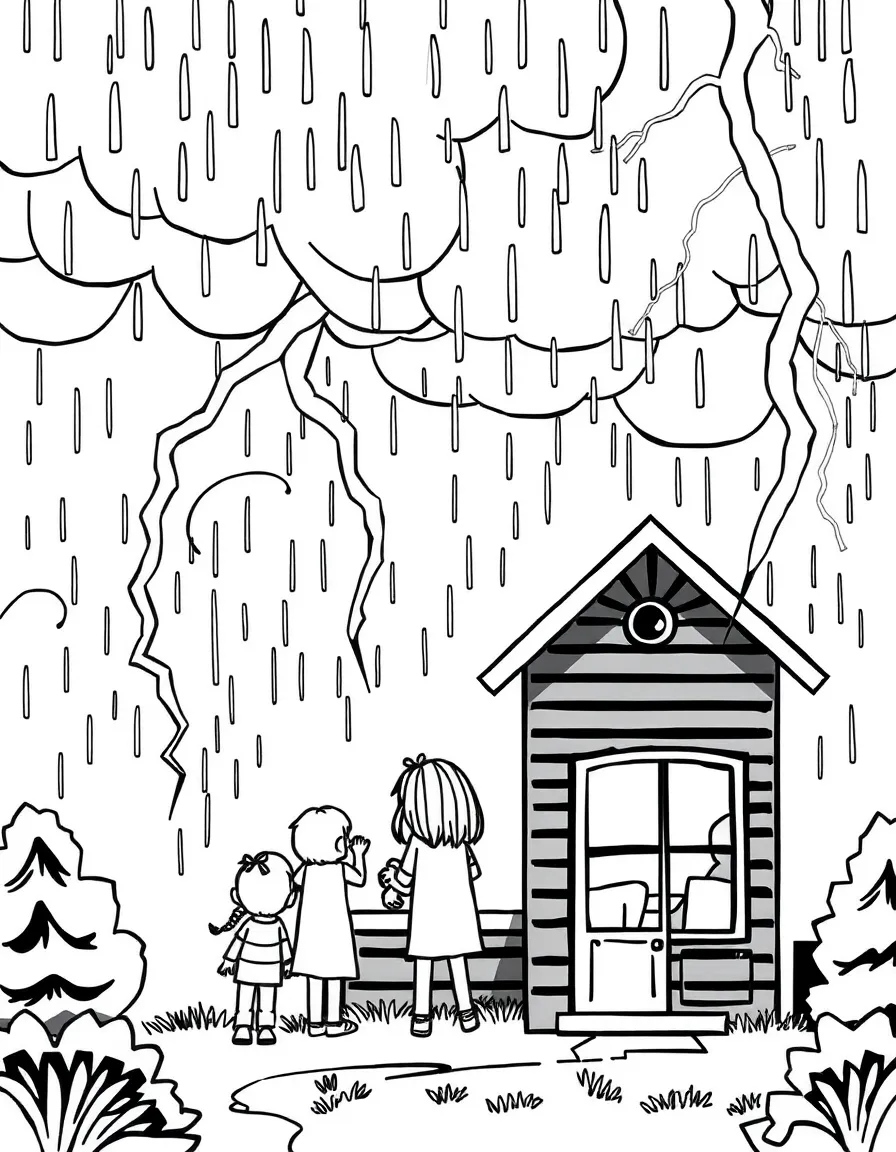 (noise) A thunderstorm with rain drops, lightning bolts, and a house with children safely inside looking out the window