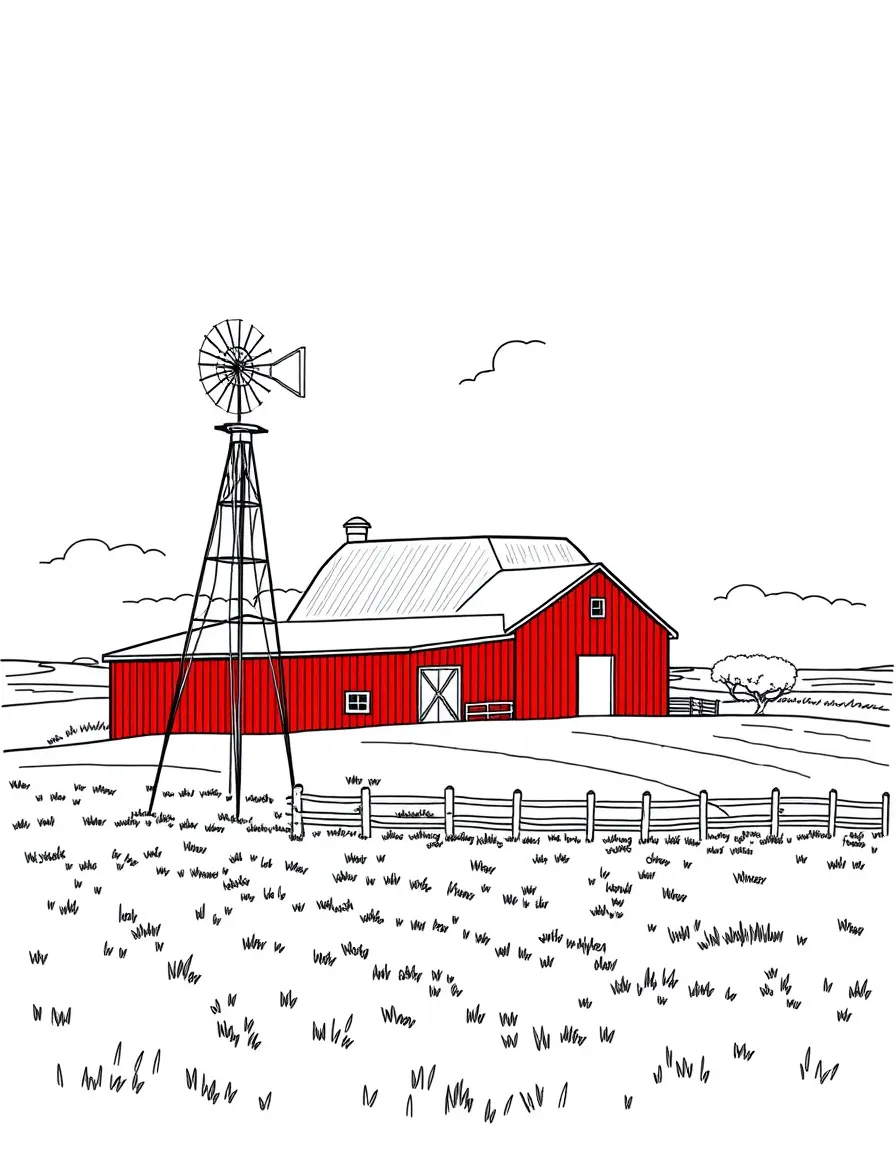 (North Dakota) A farm with a red barn and windmill