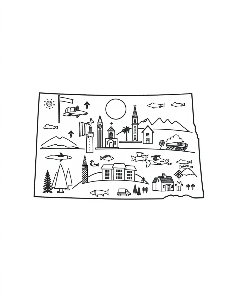 (North Dakota) The state outline of North Dakota with symbols inside