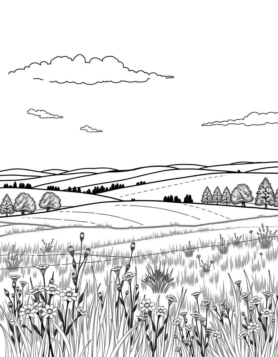 (North Dakota) A peaceful prairie with rolling hills and wildflowers