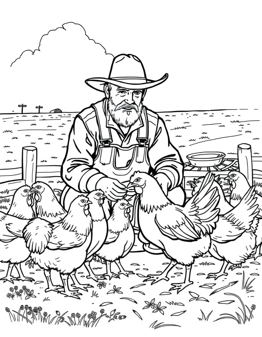(North Dakota) A farmer feeding chickens