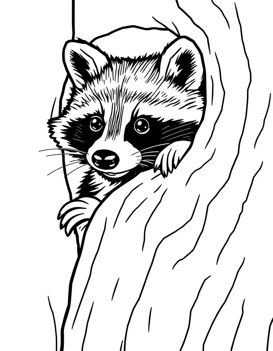 (North Dakota) A raccoon peeking out from a tree