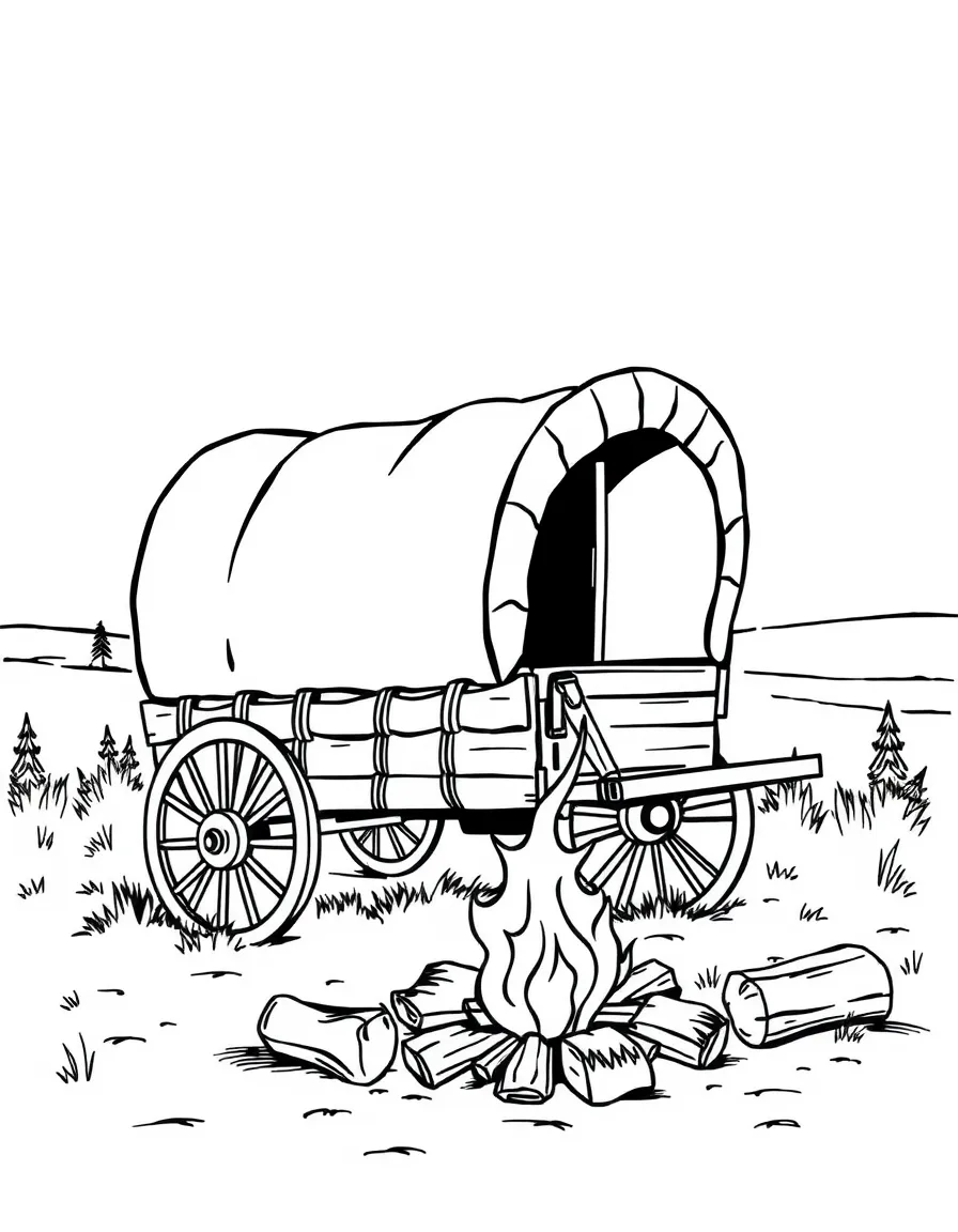 (North Dakota) A covered wagon next to a campfire