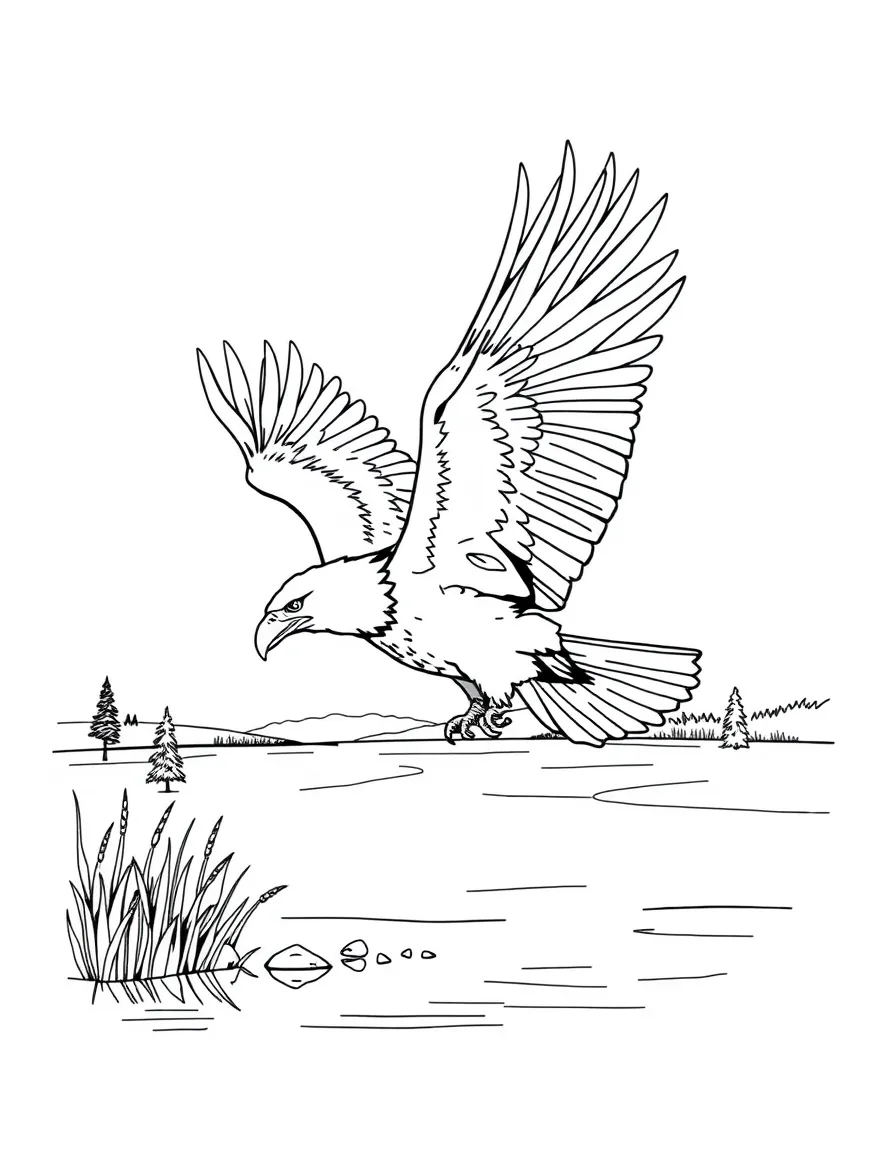 (North Dakota) A bald eagle flying over a lake