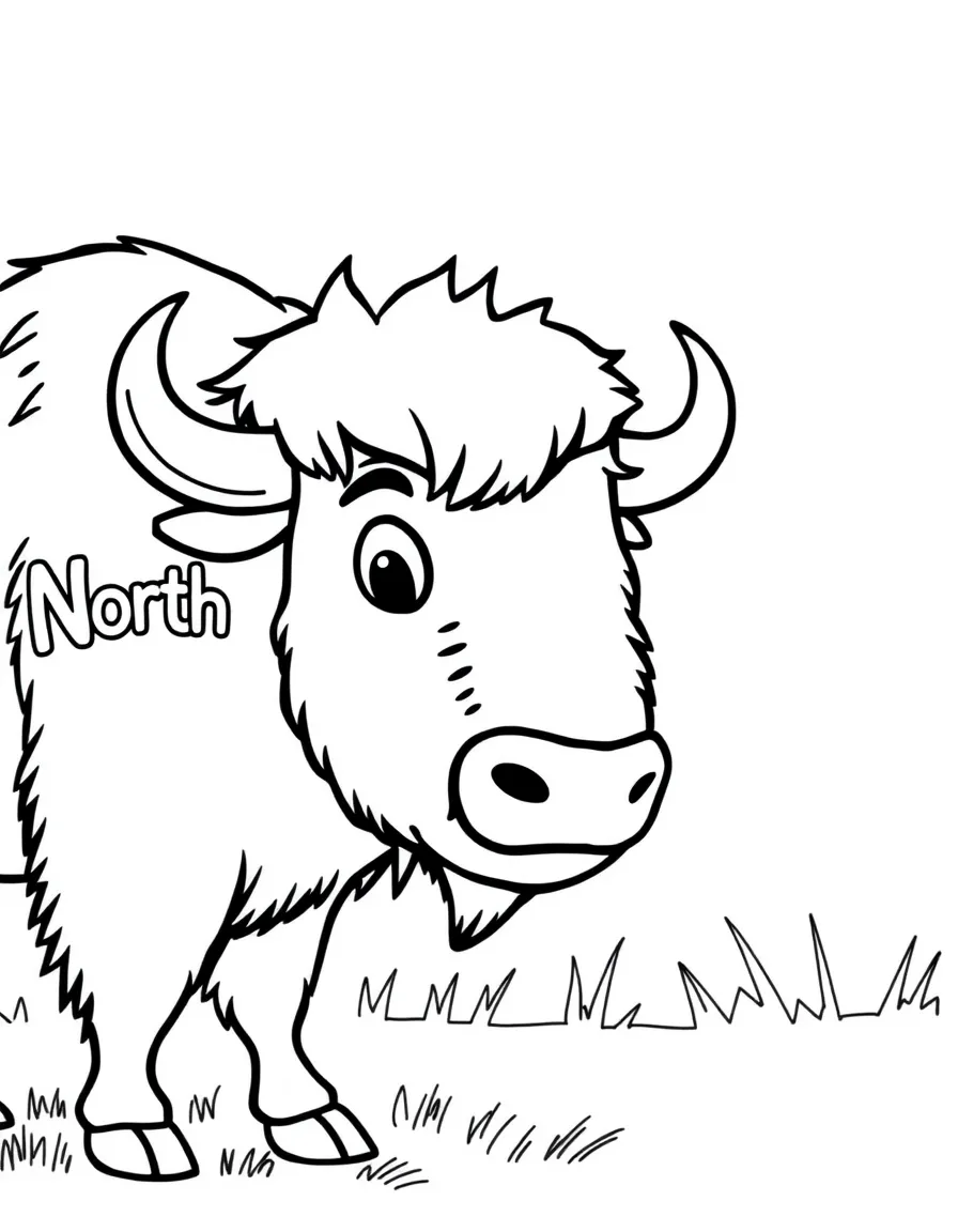 (North Dakota) A smiling cartoon bison with “North Dakota” on its side