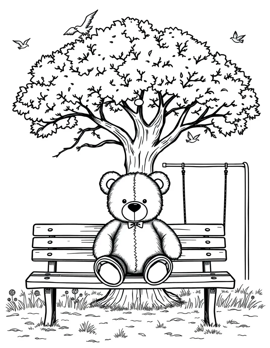 (lonely) A single teddy bear sitting on a park bench under a big tree, with empty swings in the background and birds flying overhead