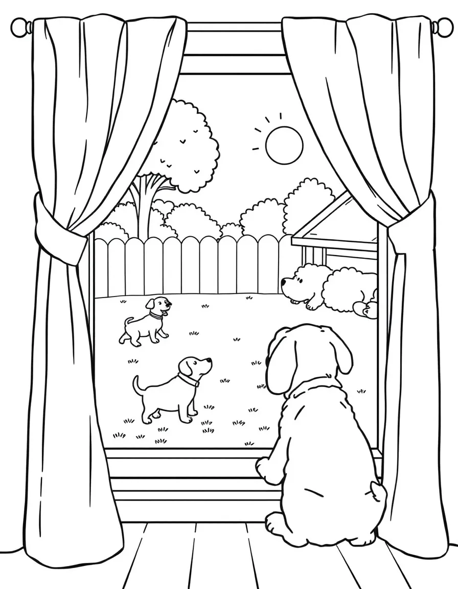 (lonely) A little puppy looking out a window at other dogs playing in the yard, with curtains framing the scene and a cozy room behind