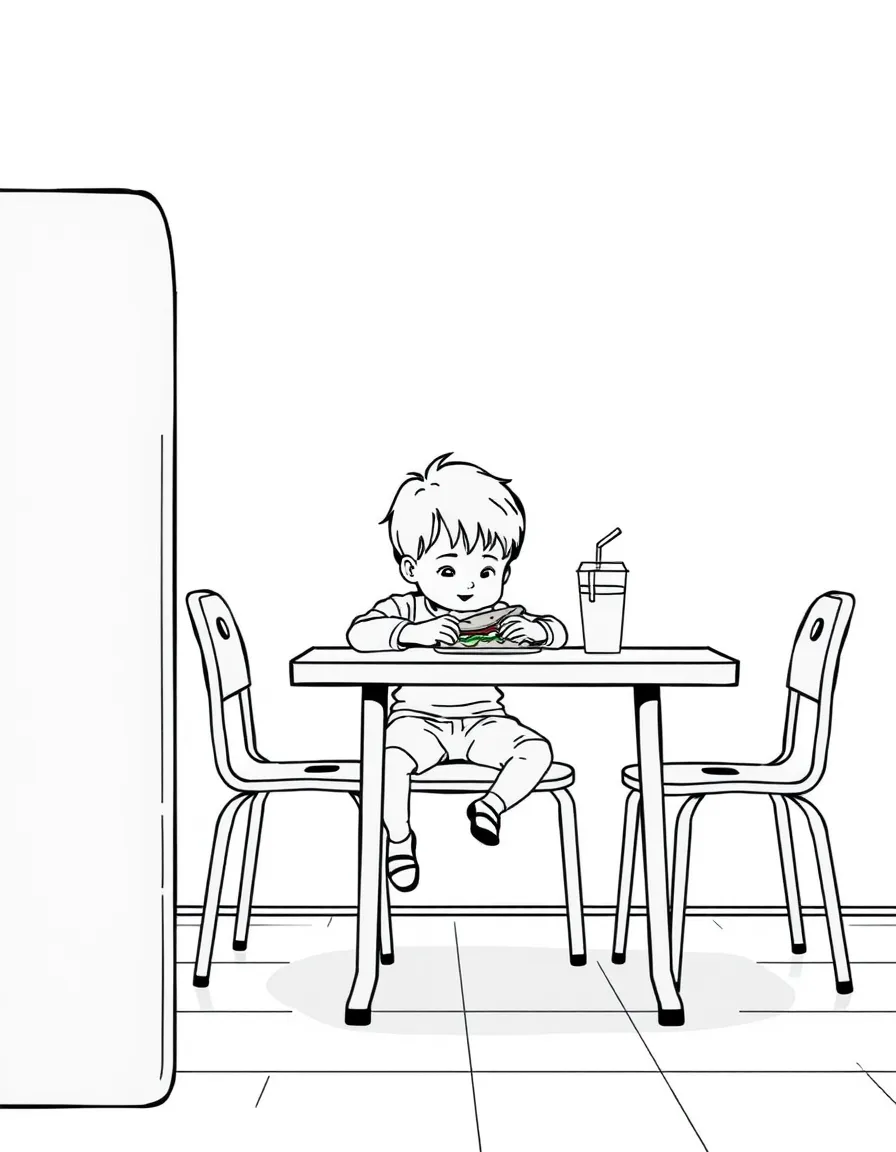 (lonely) A child sitting alone at a lunch table with their sandwich and juice box, surrounded by empty chairs and simple cafeteria details