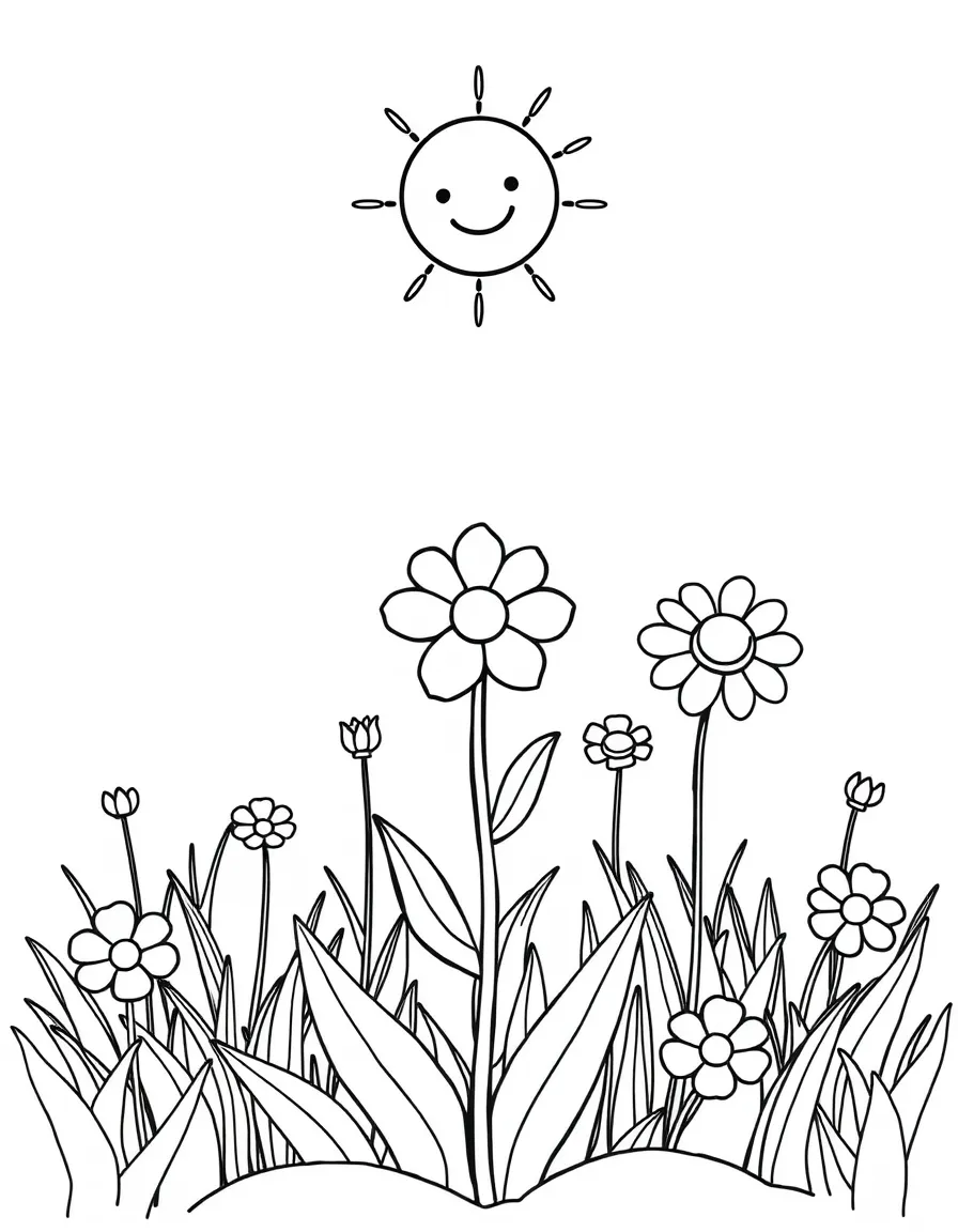 (lonely) A single flower growing in a large garden bed, with other flower outlines waiting to bloom around it and a smiling sun above