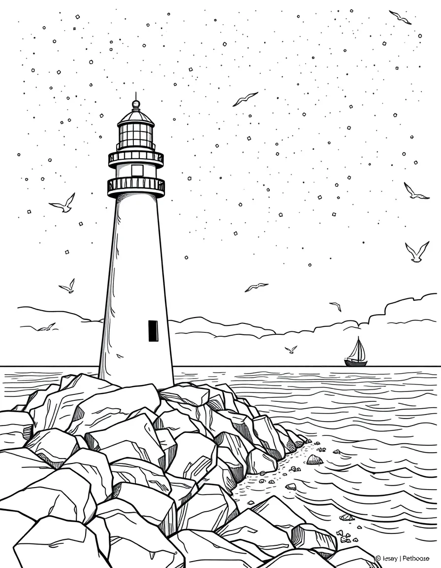 (lonely) A lighthouse standing tall on a rocky shore, with waves, seagulls, and a small boat in the distance under a starry sky