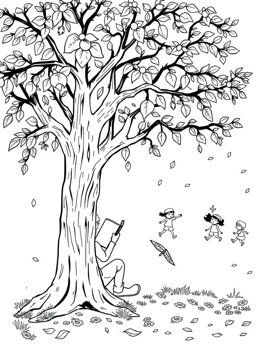 (lonely) A child reading a book under a reading tree, with other children playing games far in the background and leaves falling gently