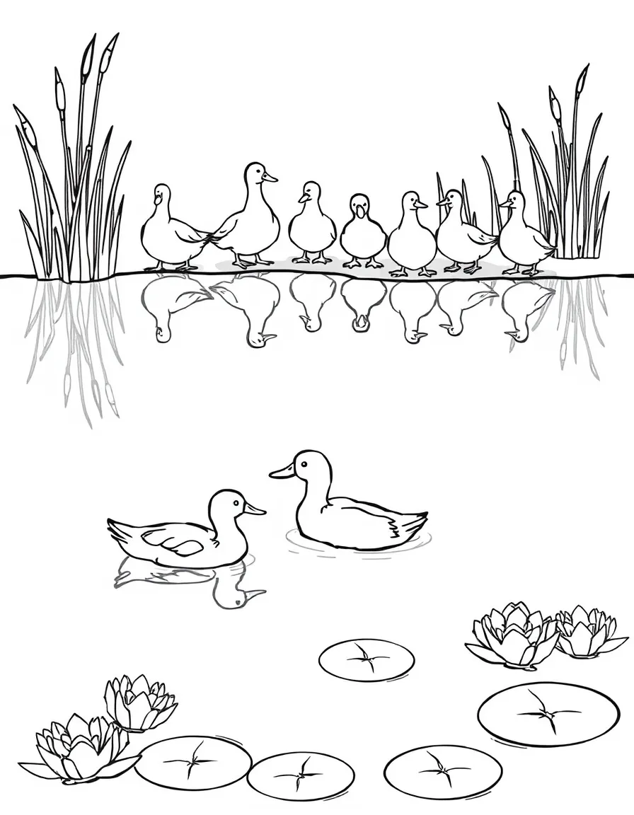(lonely) A single duck swimming on a pond while other ducks are grouped together on the shore, with cattails and lily pads around
