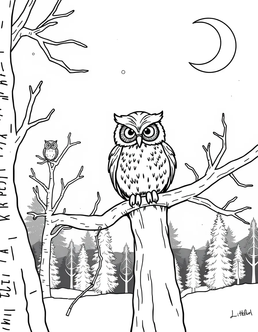 (lonely) A little owl perched alone on a tree branch at night, with other owls visible in distant trees and a crescent moon shining