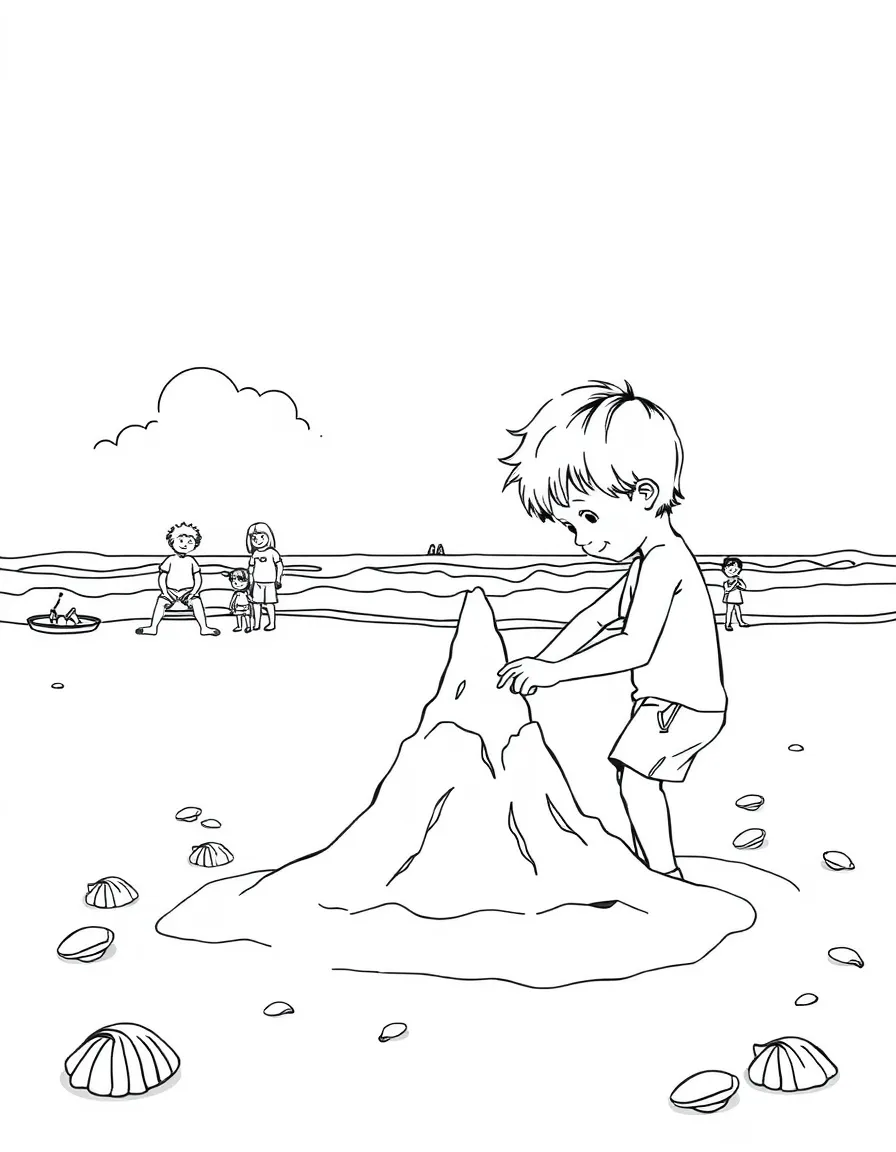 (lonely) A child building a sandcastle alone on a beach, with other families enjoying the beach in the background and seashells scattered around