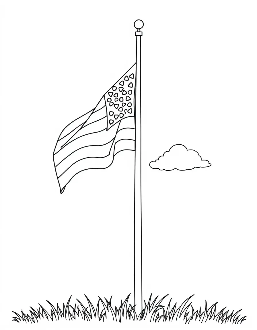 A simple American flag waving on a tall flagpole with puffy clouds in the background and grass at the base
