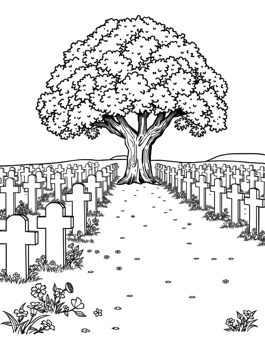 A military cemetery with rows of simple cross-shaped headstones, flowers scattered around, and a peaceful tree in the background