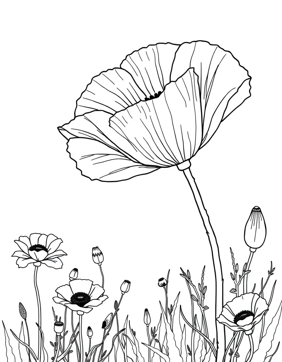 A large poppy flower with detailed petals and leaves, surrounded by smaller poppies in a field