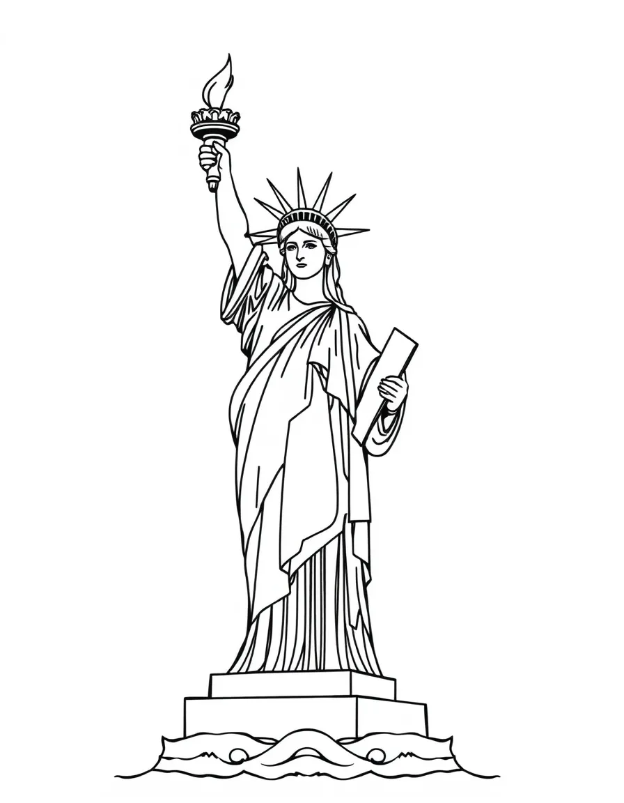 The Statue of Liberty holding her torch high with rays of light emanating from it and simple waves at her base