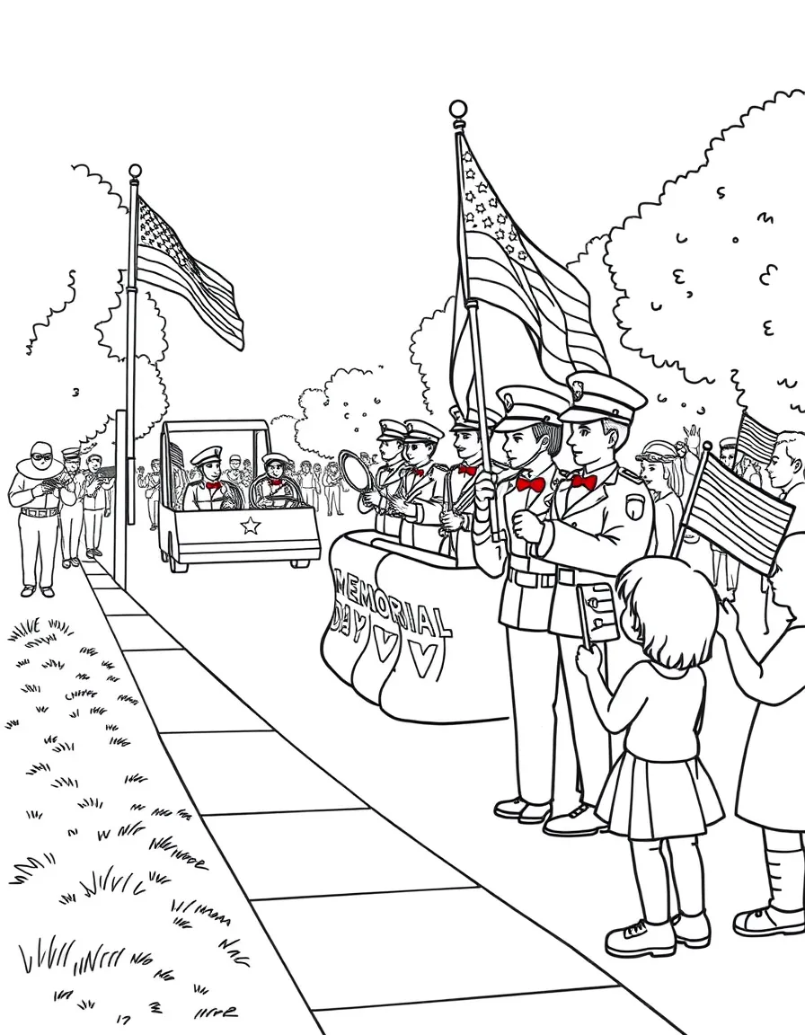 A Memorial Day parade scene with marching band members, a simple float, and children waving small flags along the sidewalk
