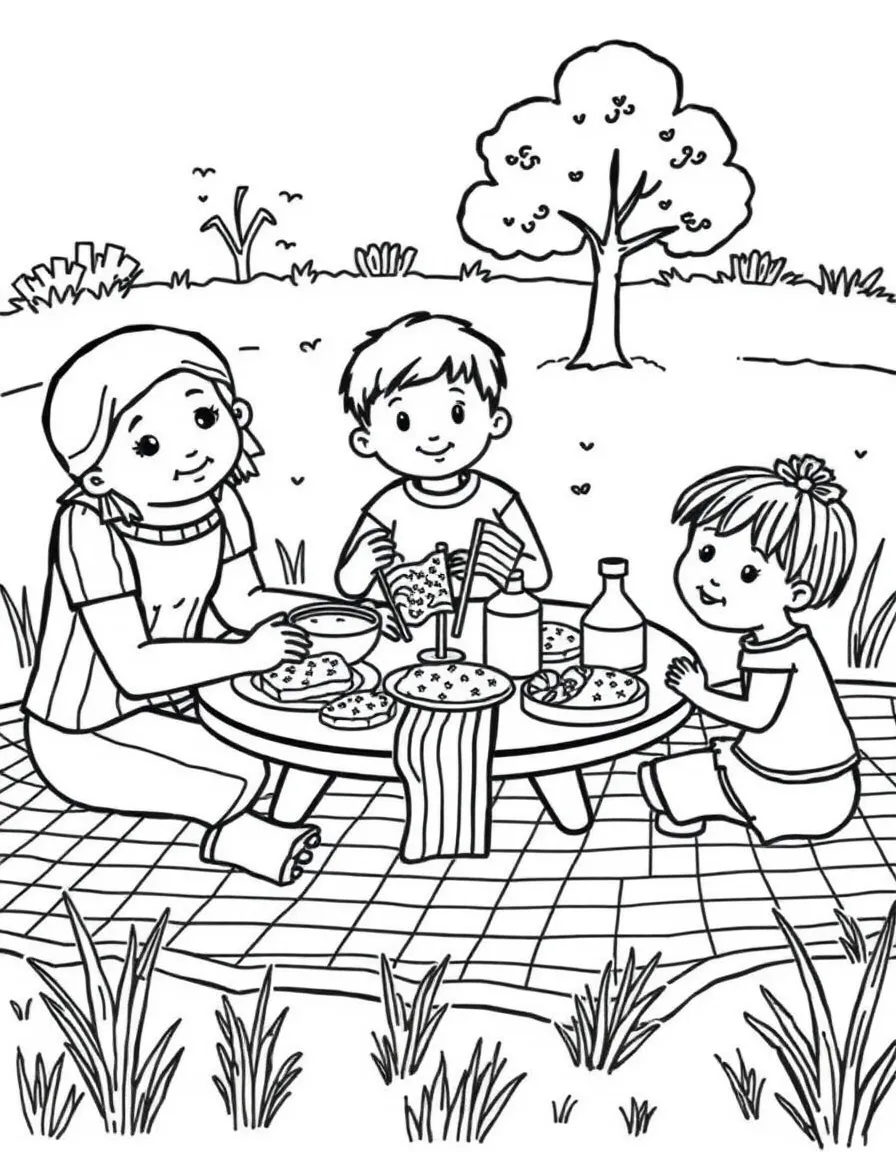A family having a picnic with a checkered blanket, simple food items, and an American flag decoration on their table
