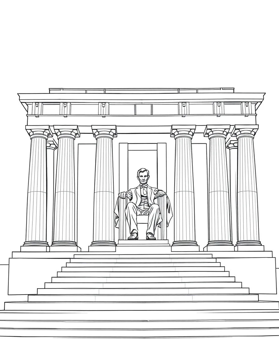 The Lincoln Memorial with President Lincoln sitting in his chair, surrounded by columns and steps