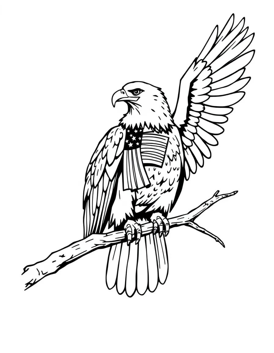A bald eagle perched on a branch with spread wings, wearing a small American flag ribbon around its neck
