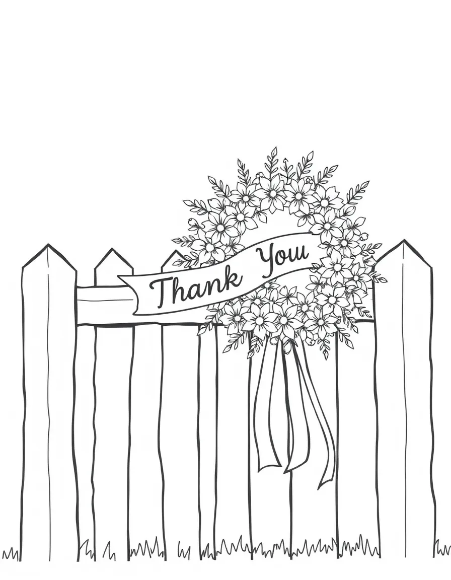 A memorial wreath made of flowers and ribbons hanging on a simple fence or gate with "Thank You" written on a banner