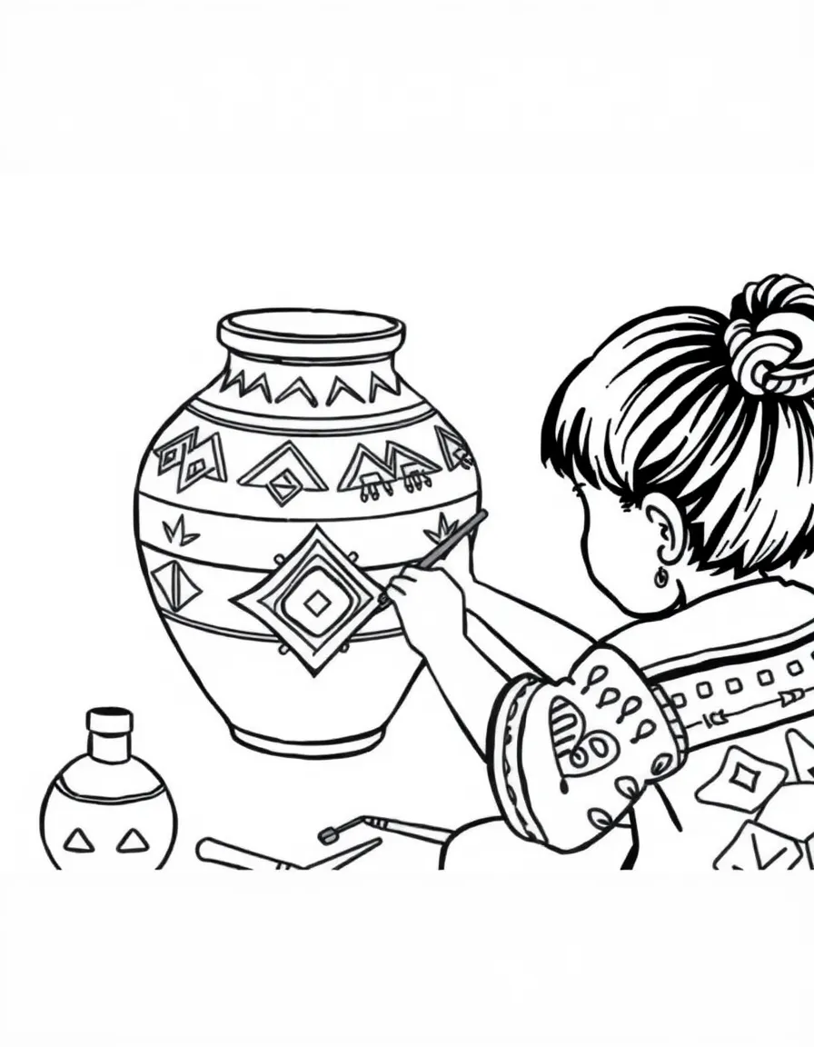 (New Mexico) A child painting a pottery jar with Southwestern patterns
