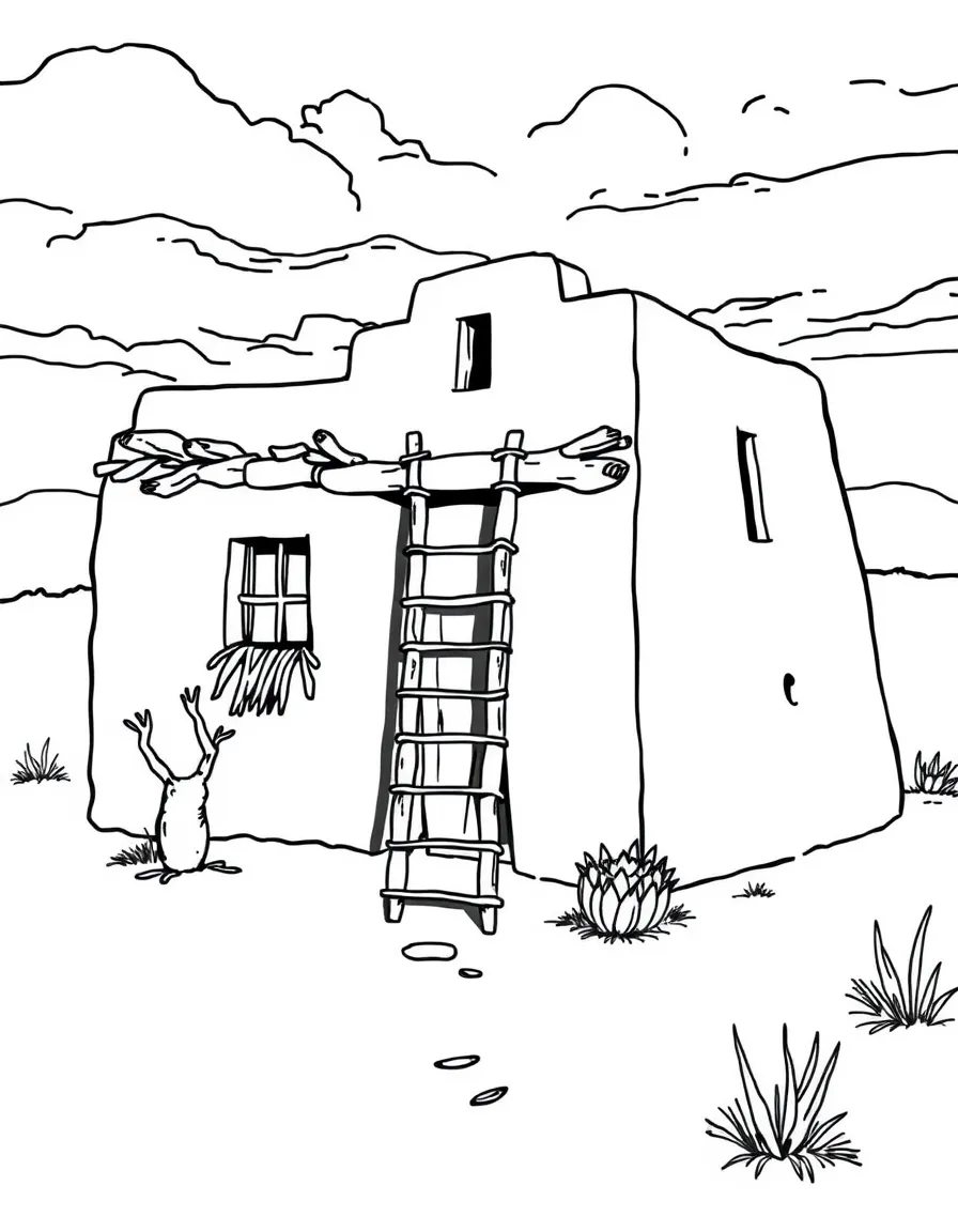 (New Mexico) A traditional adobe house with a ladder