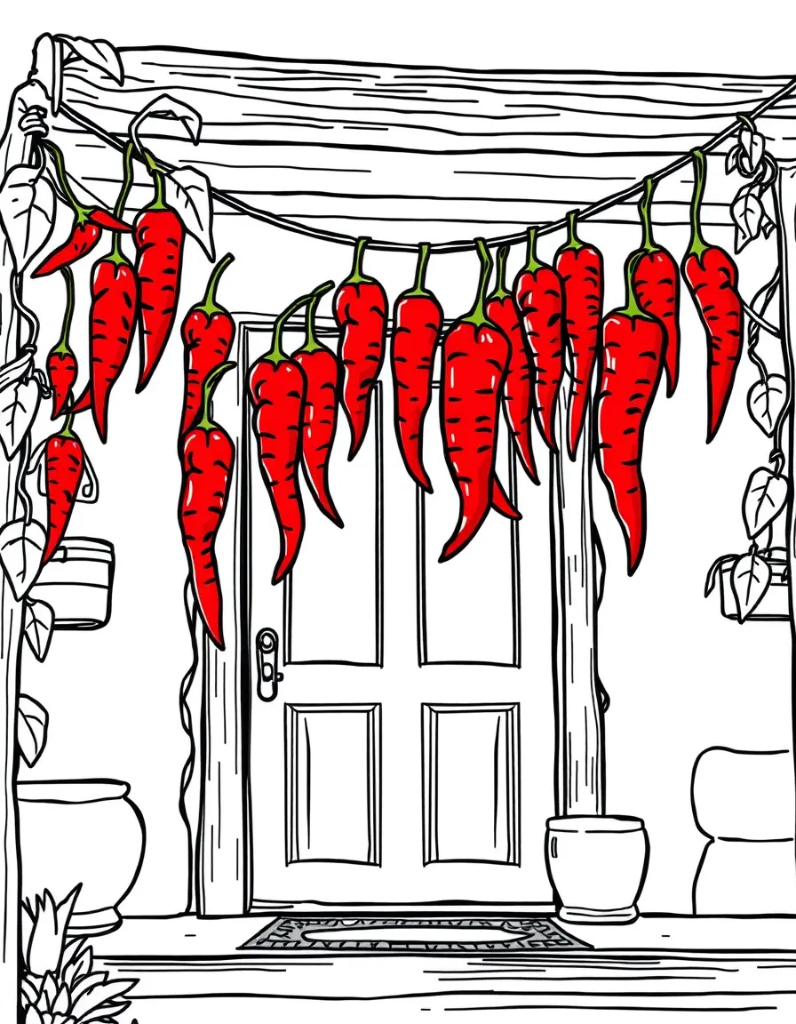 (New Mexico) A string of red chile ristras hanging on a porch