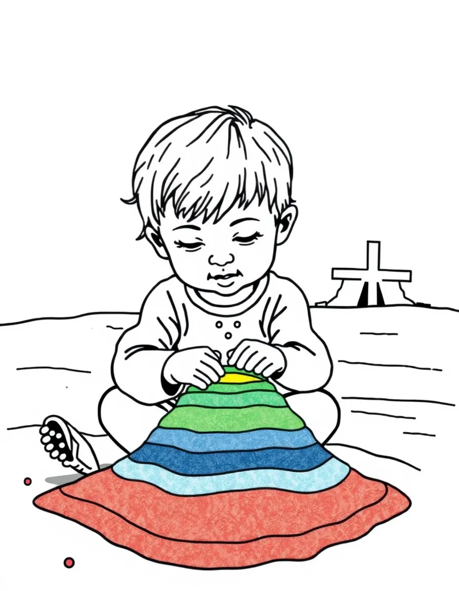 (New Mexico) A child making sand art with colorful layers