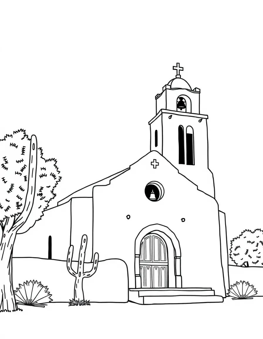 (New Mexico) A Spanish-style adobe church with bell tower