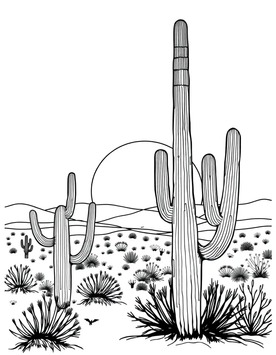 (New Mexico) A desert sunset with silhouette of saguaro cacti
