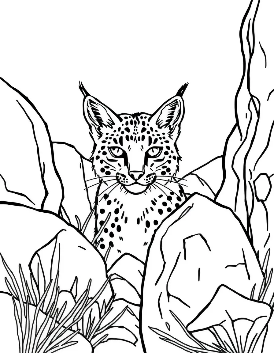 (New Mexico) A bobcat hiding behind desert rocks