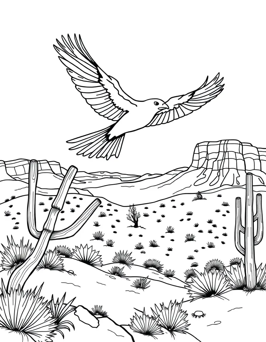(New Mexico) A thunderbird flying above desert mesas