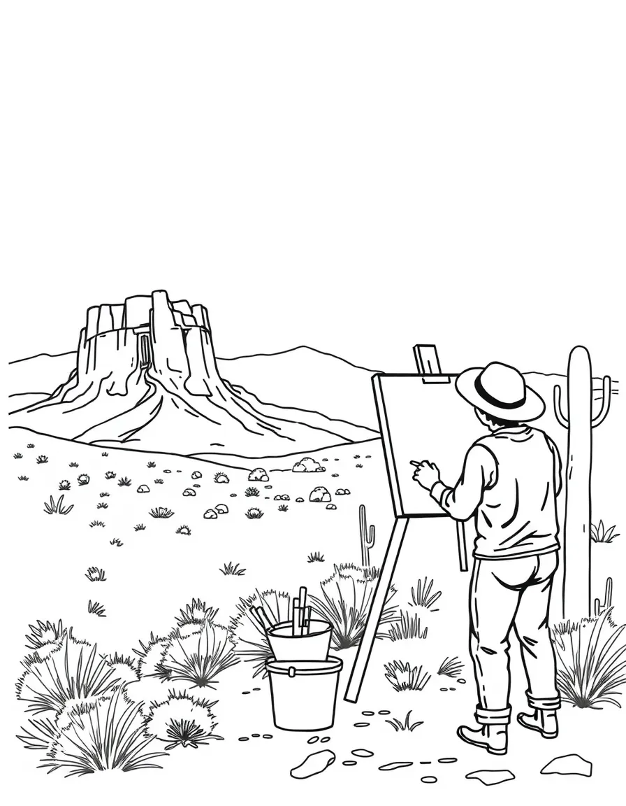 (New Mexico) An artist painting a desert landscape