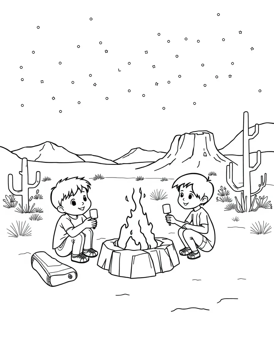 (New Mexico) Kids roasting marshmallows at a desert campsite